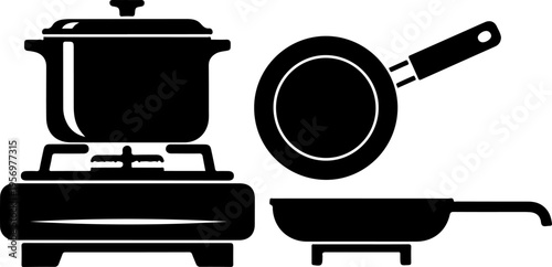 Kitchen Cooking Utensils, Black Silhouette Icons, Frying Pans, Pots, Stovetop Cooking