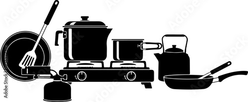 Kitchen Utensils, Cooking Pots, Pans, and Accessories Vector Set, Black Silhouette, Kitchenware Collection