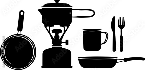 Camping cookware, utensils, black silhouette icons, outdoor cooking set, travel gear
