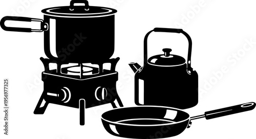 Black kitchen utensils, camping cookware, pot, kettle, pan, cooking icons, vector graphics