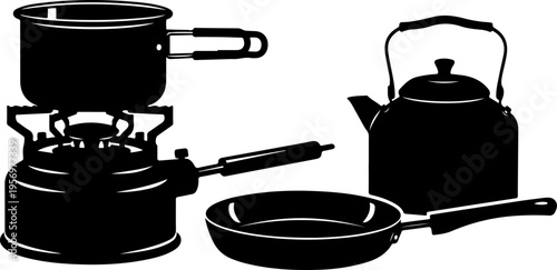 Black kitchen utensils, camping cookware, pot, kettle, pan, silhouette icons