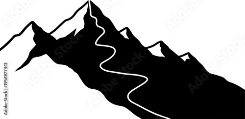 Black mountain range silhouette, white outline trail, vector landscape graphics, adventure icons