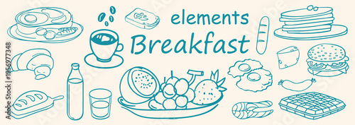 Modern Breakfast Food Doodle Set with Coffee, Croissant, Eggs, Pancakes and Drinks. Clean Outline Sketch Style with Trendy Minimal Line Art  set. Vector Illustration 