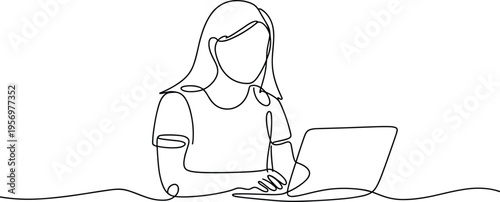 Woman with long hair wearing a mask sitting at a laptop computer on a desk