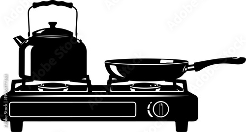 Black kitchen stove with kettle and frying pan, cooking vector illustration, gas burner range, cooktop appliance