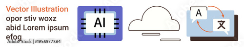Artificial intelligence, cloud computing, translation services, global communication, data integration, language technology. AI chip, cloud icon translation screen. Artificial intelligence and cloud