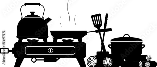 Black silhouette camping cooking set, outdoor kitchen utensils, BBQ grill tools, vector illustration