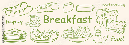 Hand Drawn Breakfast & Brunch Doodle Collection with Healthy Food, Coffee, Pastries and Fruits. Minimal Vintage Line Art Sketch Set. Vector Illustration