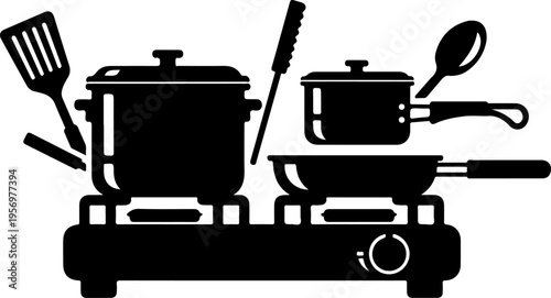 Black silhouette kitchen stove, cooking pot, pan, utensil icons, vector graphics