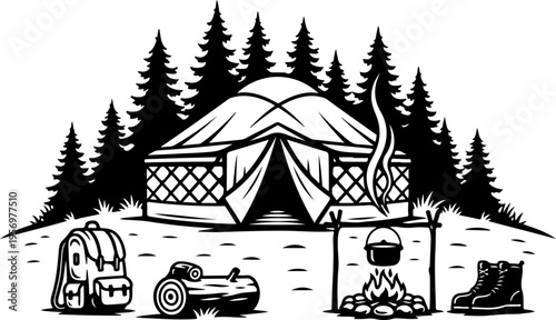 Camping, outdoor adventure, monochrome vector, yurt, tent, camping gear
