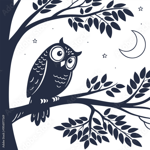 Dreamy Owl Silhouette on a Branch in the Twilight Sky