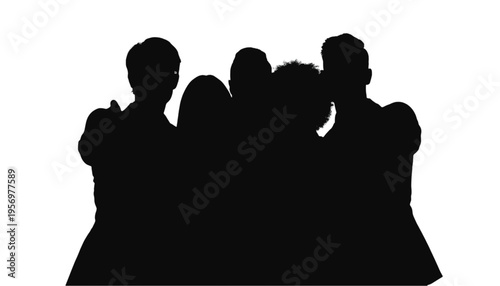 Huddle of multiple individuals standing closely together in dark silhouette against a bright background for.