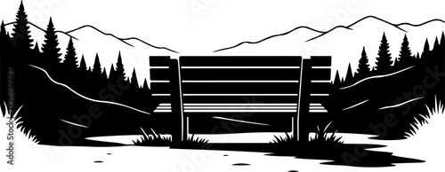 Vector illustration of a park bench in a mountain landscape