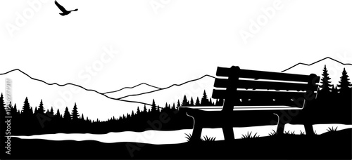 Vector silhouette of park bench with mountain landscape