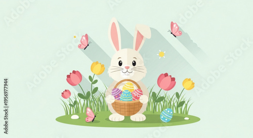 Whimsical easter bunny holding a basket full of colorful painted eggs surrounded by blooming spring flowers and fluttering butterflies on a soft green background with long shadows