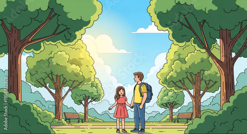 Joyful young couple holding hands while walking through a sun drenched park on a beautiful day surrounded by lush green trees and blooming bushes with distant mountains