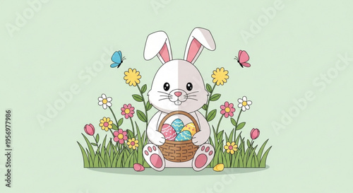 Charming illustration of a fluffy white easter bunny holding a woven basket filled with colorful painted eggs surrounded by vibrant spring wildflowers green grass and fluttering