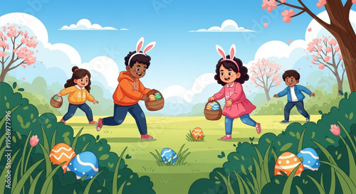 Joyful easter egg hunt unfolds on a sunny spring day with diverse children wearing bunny ears gathering colorful decorated eggs in baskets amidst blooming trees and lush green