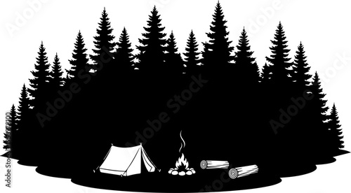 Camping, outdoor adventure, forest silhouette, vector illustration, travel icons