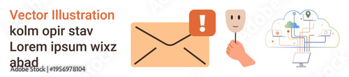 Communication, cybersecurity, cloud storage, identity protection, data management, security alert. Envelope with exclamation mark, human hand holding mask cloud with connected devices. Cybersecurity