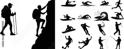 Collection of black silhouettes depicting various yoga poses and rock climbing activities