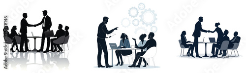 Business professionals collaborating and shaking hands in a modern office setting