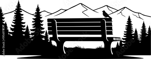 Vector silhouette of bench with bird in forest and mountain landscape