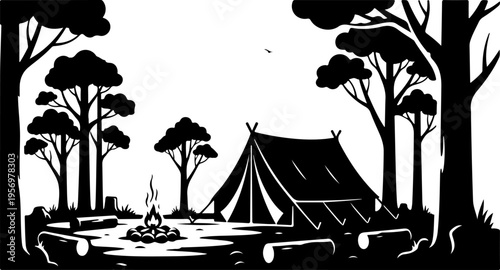 Vector illustration of black campsite with tent and trees