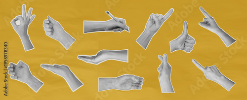 Collage paper cutout for hand halftone vector and pointing art magazine. Newspaper peace pop for sign vintage black and white old punk. Collage sticker business for hand people illustration. VECTOR