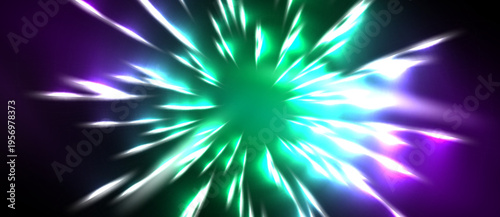 Bright explosion radiates outward. Green, purple hues dominate dark background. Sharp lines suggest intense energy release.