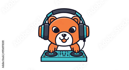 Cartoon bear dj with headphones and sound mixing console
