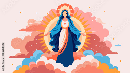 Blessed Virgin Mary Illustration in Modern Flat Vector Style with Radiant Sunburst Halo and Celestial Clouds
