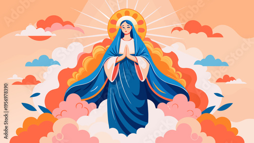 Stylized Vector Illustration of Virgin Mary in Prayer with Halo and Colorful Clouds for Religious Design