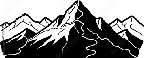 Vector mountain range silhouette, black and white landscape