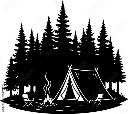 Vector illustration of campsite with tent and forest