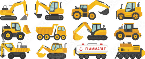 Construction vehicles vector illustration set featuring excavators loaders dump trucks tanker crane heavy machinery industrial transport equipment flat design