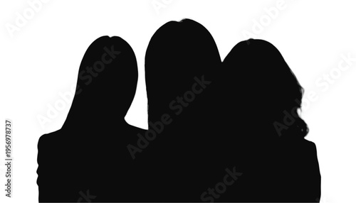 Three women's silhouettes stand together closely representing friendship or female professional colleagues.