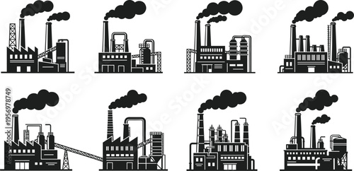 Eight black and white industrial factory buildings with smoke emitting from chimneys