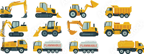Heavy construction vehicles vector set including excavators loaders dump trucks tanker machinery industrial transport equipment flat design collection illustration