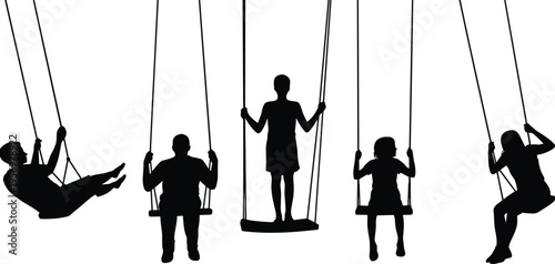 Five black silhouettes of people on swings in various positions against a white background