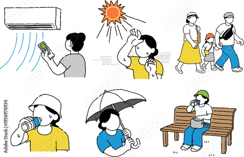 熱中症対策をする女性のイラストセット