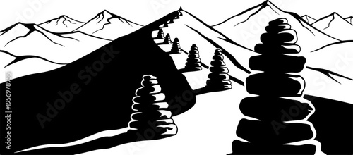 Vector illustration of stacked stones and mountains in black
