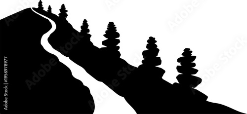 Vector silhouette of winding road through trees on hills