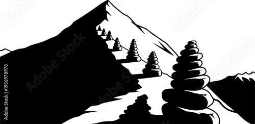 Black and white vector illustration of stacked stones in mountain landscape