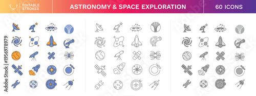 Astronomy & Space Exploration Icons Set for Rockets, Satellites, Planets, Telescope & Galaxy Systems – 60 Editable Stroke Line Icons