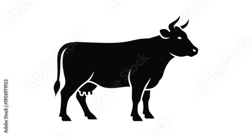 A black silhouette of a cow standing in profile facing right
