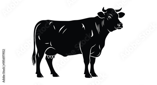 Black and white silhouette of a cow standing in profile view