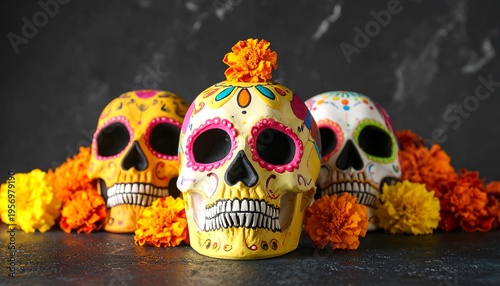 Day of the Dead Sugar Skulls and Marigolds.