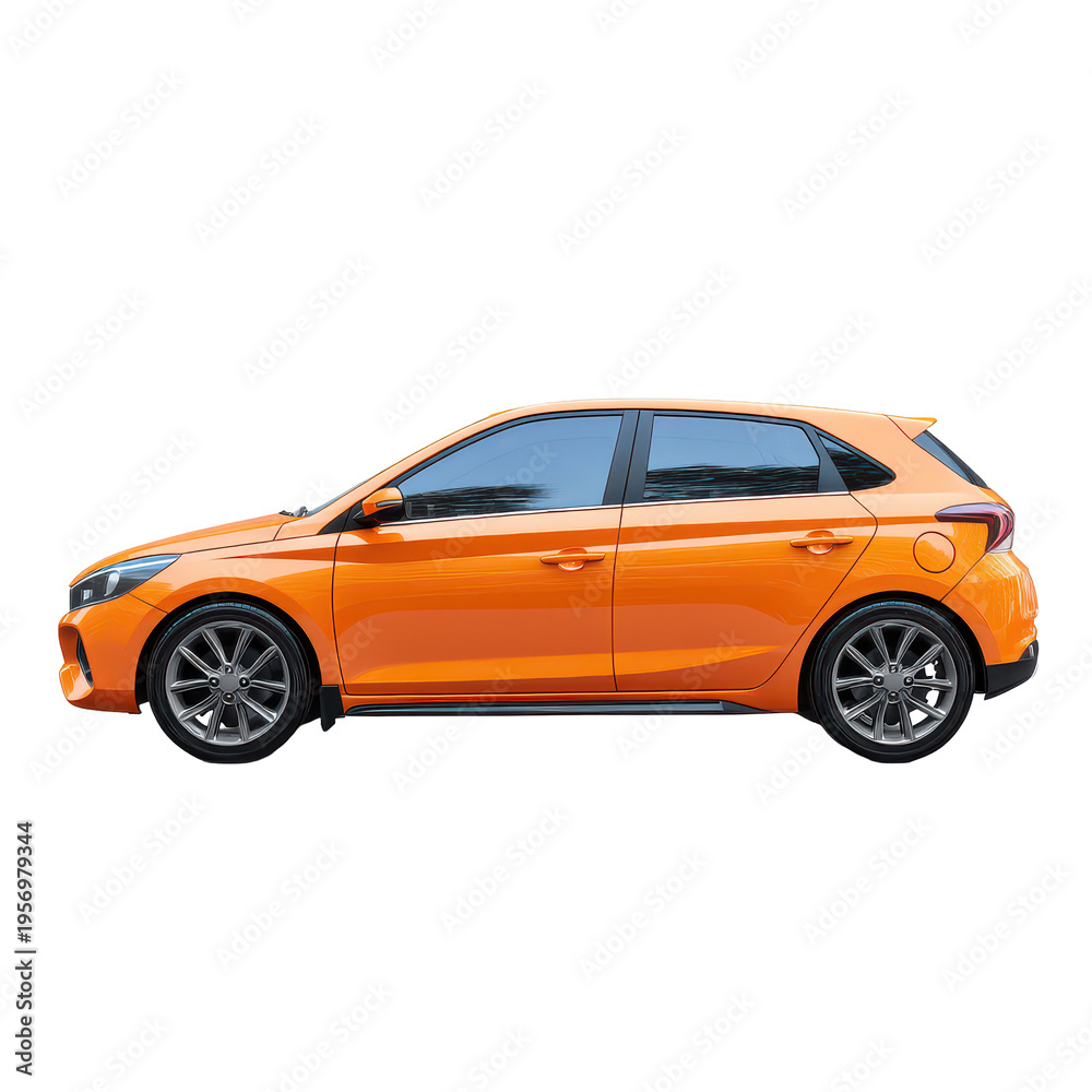 Obraz premium Orange hatchback car parked on a flat surface under bright daylight in an open area
