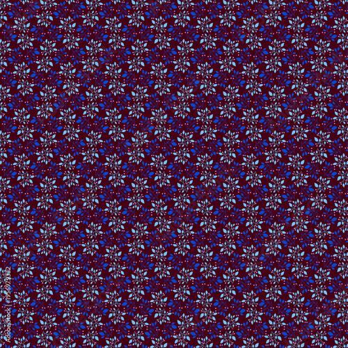 Fine leaf pattern Small floral fabric print Tiny floral fabric Simple blue pink leaves on a dark brown purple background